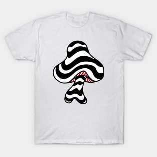 The Perfect Mushroom: Exotic Trippy Wavy Black and White Psychedelic Stripes Contour Lines with Red Underbelly T-Shirt